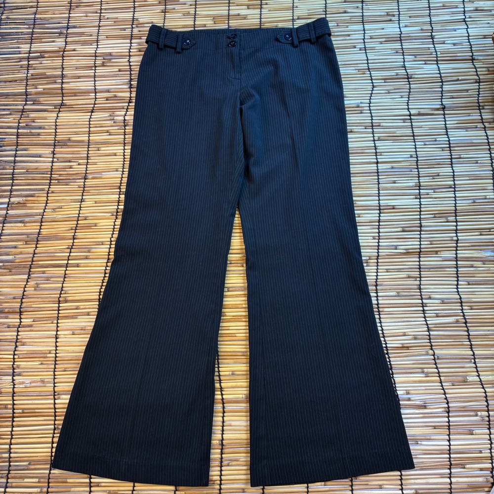 Meeting USA Pinstripe Wide Leg Trousers Black Gray Button Waist Size Large